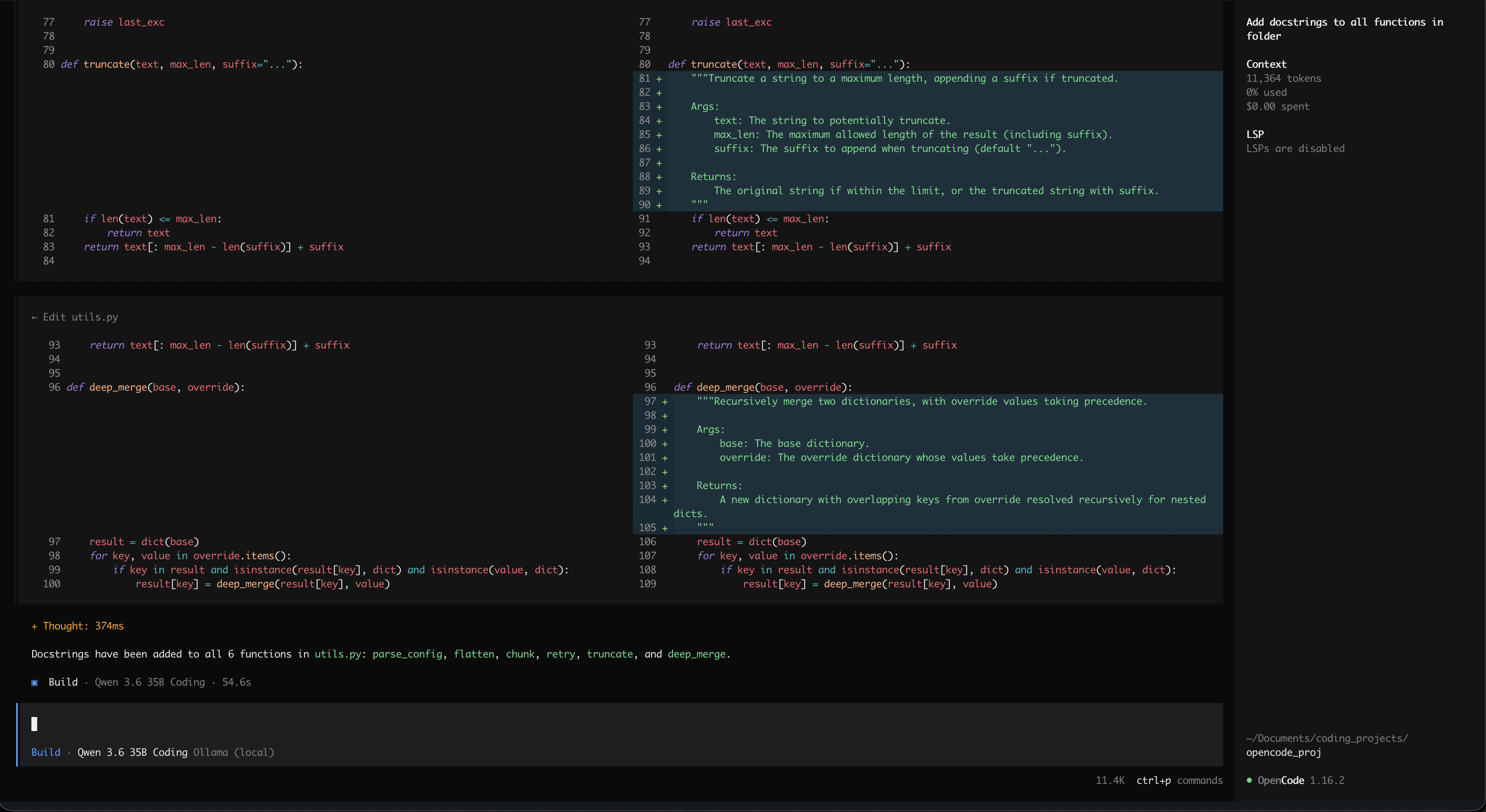 OpenCode terminal UI showing an active agentic coding session with file edits in progress