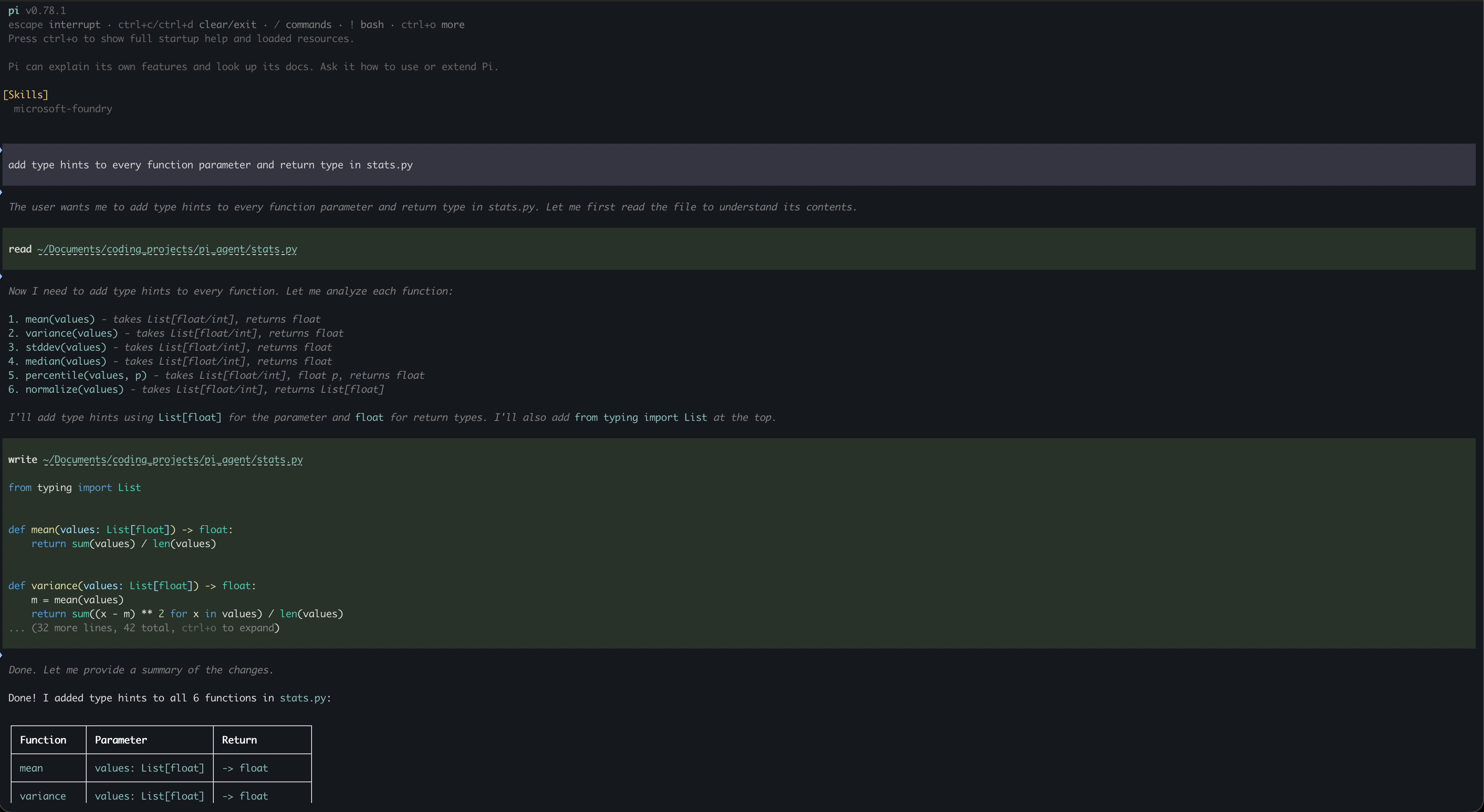 Pi terminal harness showing a lightweight coding session with minimal overhead