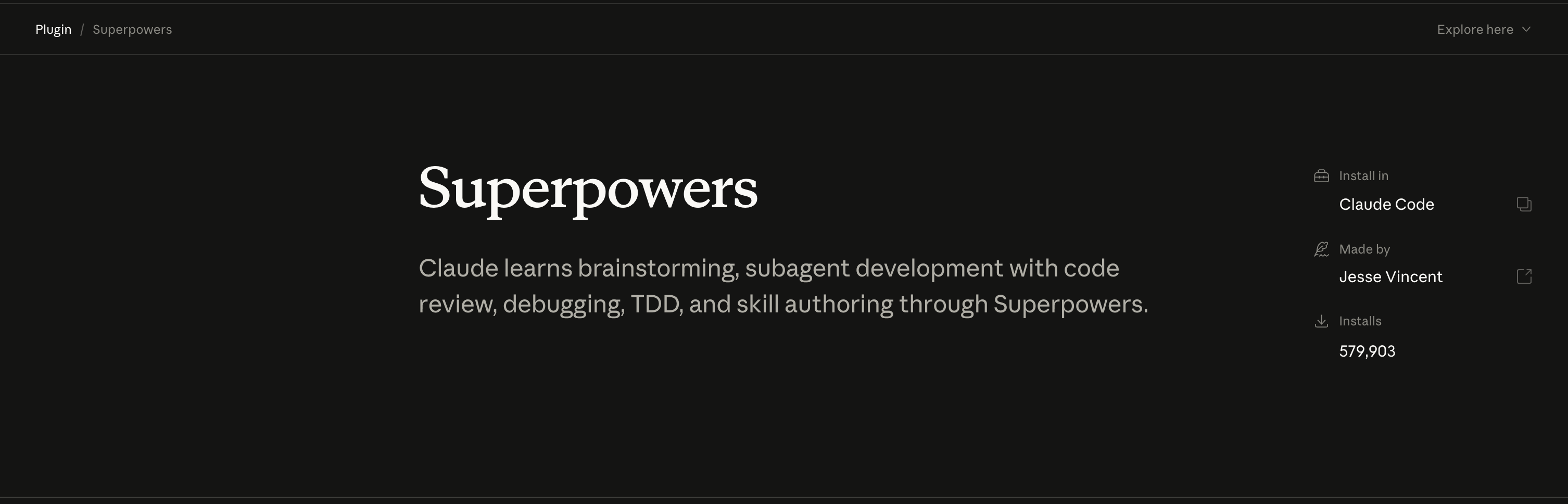 Superpowers plugin page on Claude.com showing installation details