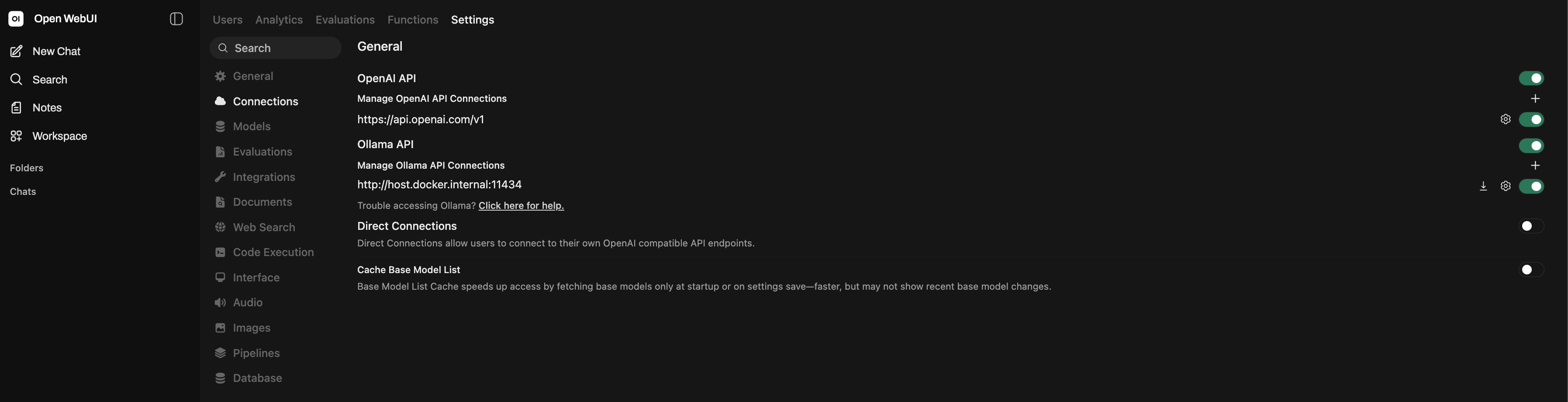 Open-WebUI settings panel for configuring the Ollama API connection URL