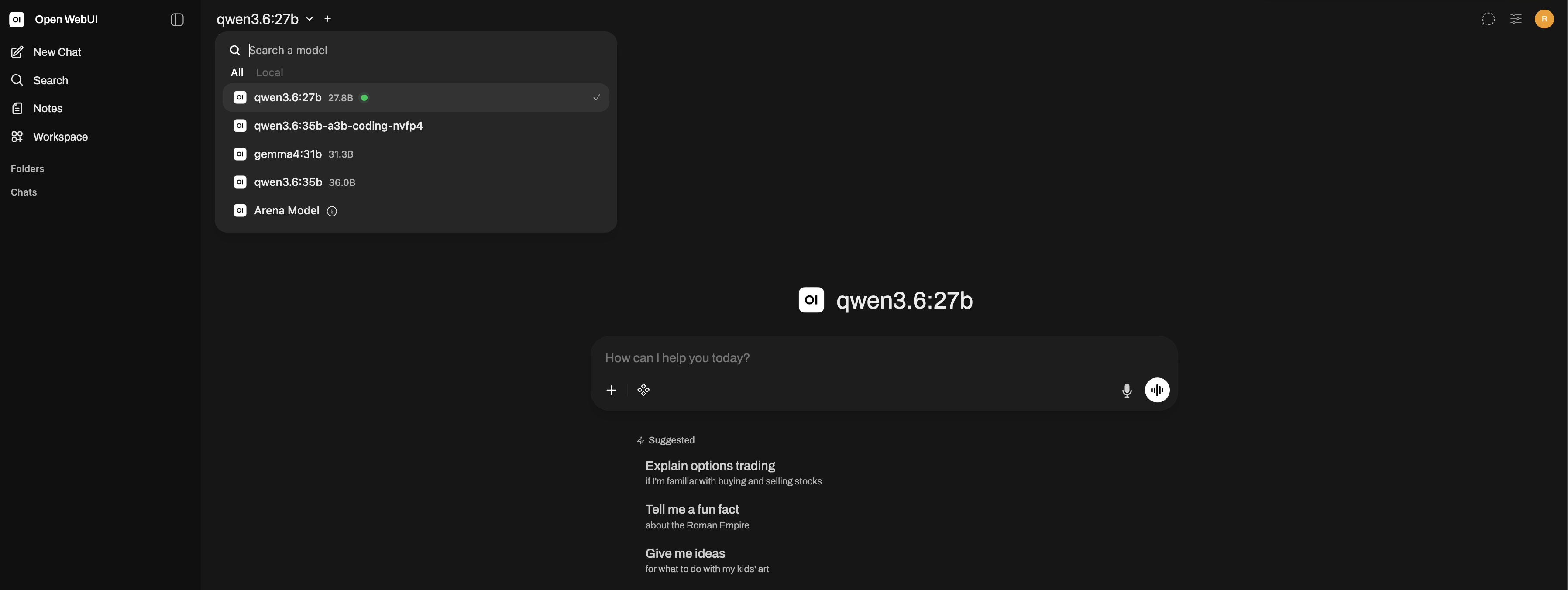 Open-WebUI chat interface displaying a local LLM selection