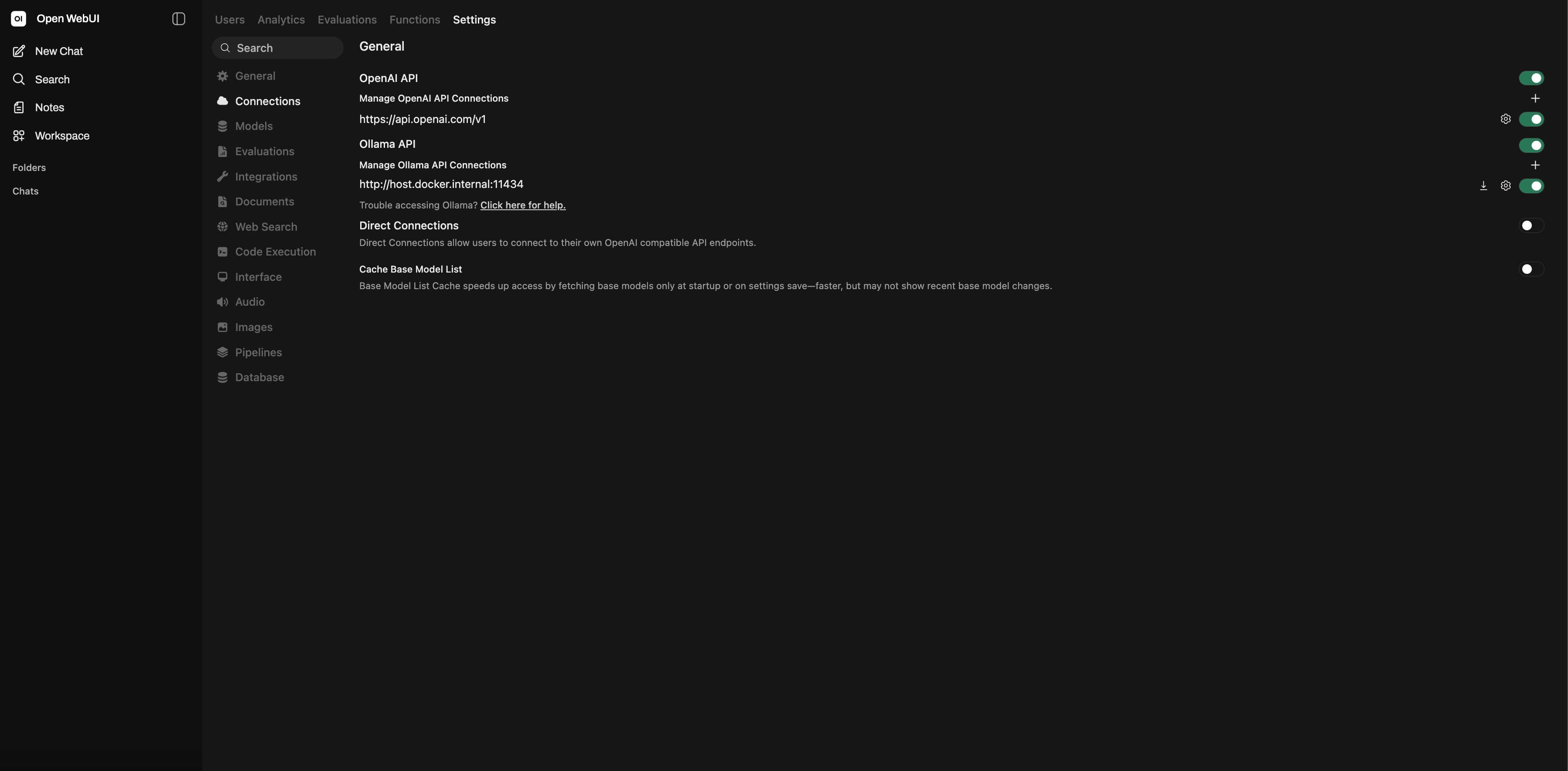 Open WebUI configuration screen connecting to Ollama API