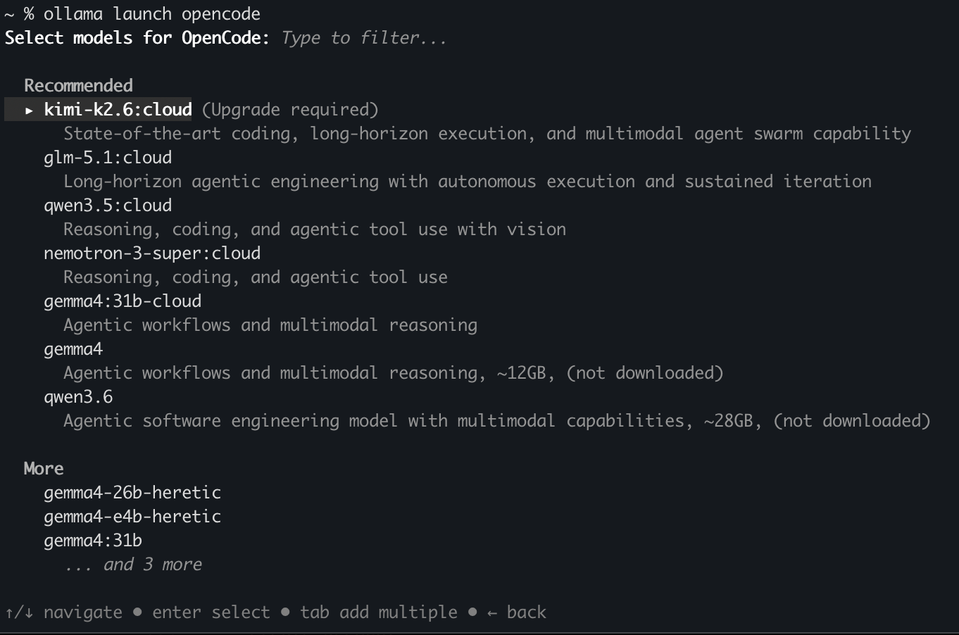 Ollama launch opencode model selection menu in terminal